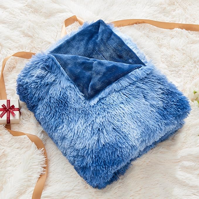 GONAAP Fuzzy Faux Fur Throw Blanket Twin Size Indigo Super Soft Cozy Plush Fuzzy Shaggy Blanket for Couch Sofa Bed (Indigo, Twin(60"x80"))-HomvellaHome