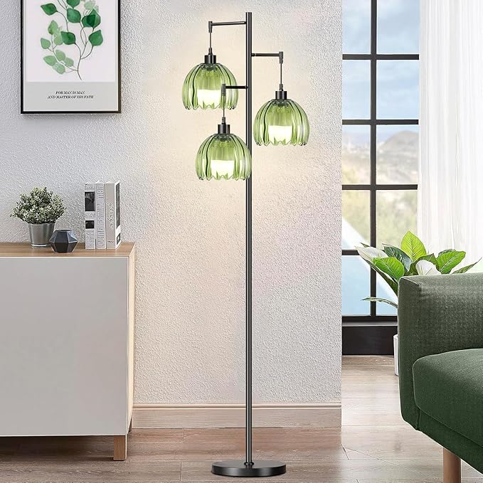 Glass Gold Floor Lamp for Living Room,Bedroom,Mid Century Modern Standing Lamp Brass Tree 3 Light Tall Floor Lamps Vintage Retro Floor Lights Green Flower Lamp Shade Farmhouse Boho Bohemian-HomvellaHome