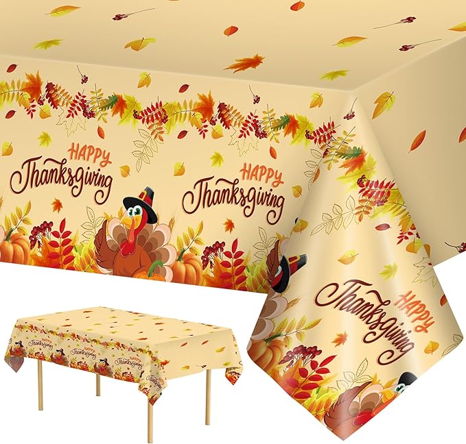 2 Pack Happy Thanksgiving Tablecloth - Fall Thanksgiving Turkey Table cloths, Disposable Plastic Rectangle Autumn Pumpkin Maple Leaf Table Cover for Thanks Giving Tables Decor Party Supplies,108x54In-HomvellaHome