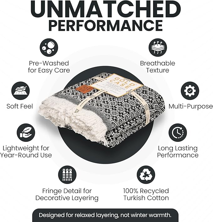 Gold Case Throw Blanket for Couch – 100% Recycled Turkish Cotton Blankets & Throws – Elegant Decorative Throw Blankets for Living Room Sofa – Woven Throws for Couch – Retro Black – 50x60-HomvellaHome