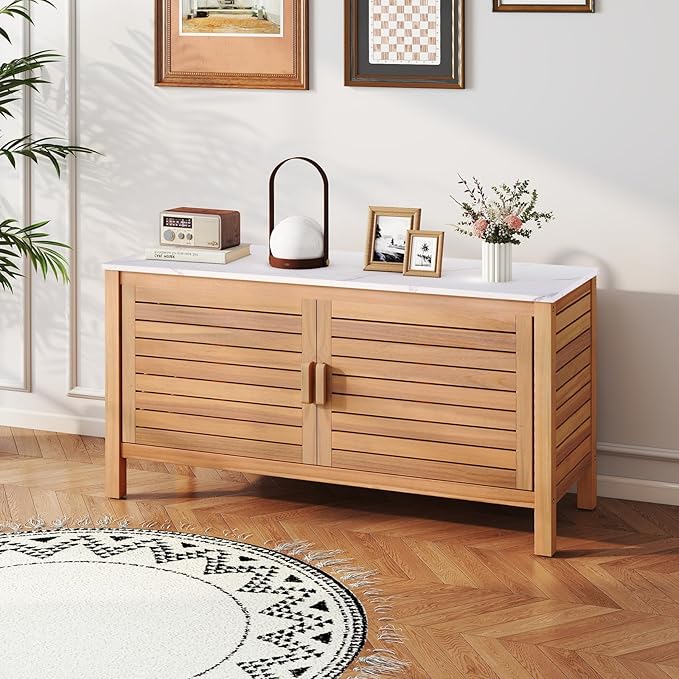 Goplus Patio Storage Cabinet, 2-Door Acacia Wood Storage Container with Faux Marble Top, Outdoor Wooden Sideboard for Deck, Garden, Lawn and Backyard-HomvellaHome
