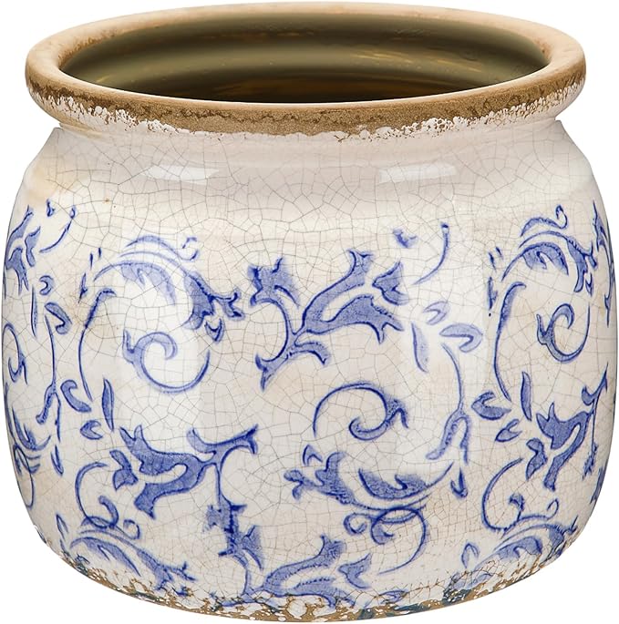 1 Pcs Vintage Planter Large Ceramic Plants Pot Blue Chinoiserie Crack Cottage Scroll Vase Flower Vase Pot Indoor Plants Home Kitchen Decor Farmhouse Antique Decorative Gift-HomvellaHome