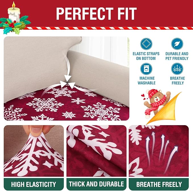 H.VERSAILTEX Christmas Sofa Slipcover Fleece Stretch Chaise Cover Sectional Couch Covers for L Shaped Sofa Both Left/Right Snowflakes Sofa Cover for Christmas (1 Piece Chaise Cover, Snowflakes)-HomvellaHome
