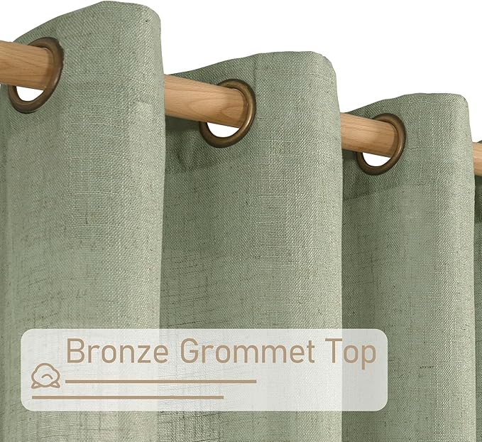 LAMIT Linen Curtians for Living Room 80 Inch Length, Bronze Grommet Light Filtering Semi Sheer Neutral Lightweight Rustic Farmhouse Boho Drapes for Bedroom, 2 Panels, Sage Green, 34 x 80 Inch-HomvellaHome