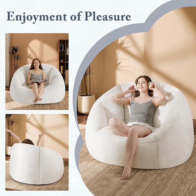 Giant Bean Bag Swivel Chair for Adults - Comfy Plush Round Shell Soft Accent Chaise Lounge Indoor Chair, Oversized Cozy Floor Sofa for Living Room, Bedroom & Game Rooms, Beige-HomvellaHome