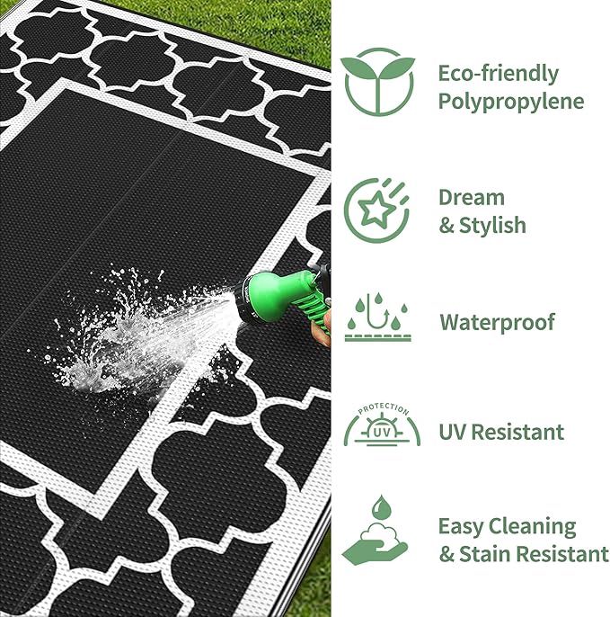 GENIMO 5' x 8' Outdoor Rug Waterproof for Patio Decor, Foldable Reversible Plastic Straw Area Rugs Mat for Camper, Outside Carpet for Rv, Deck, Porch, Picnic, Beach, Balcony, Black & White-HomvellaHome
