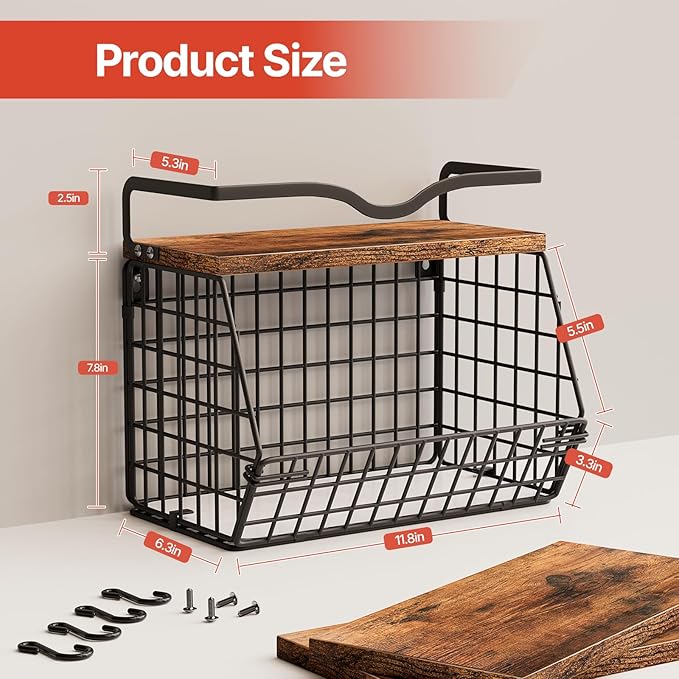 2 Pack Fruit Bowl Hanging Fruit Basket for Kitchen Counter ,Stackable Wire Baskets for Onion Storage and Potato Storage with Wood Lid,Vegetable Fruit Basket with Banana Hooks-HomvellaHome