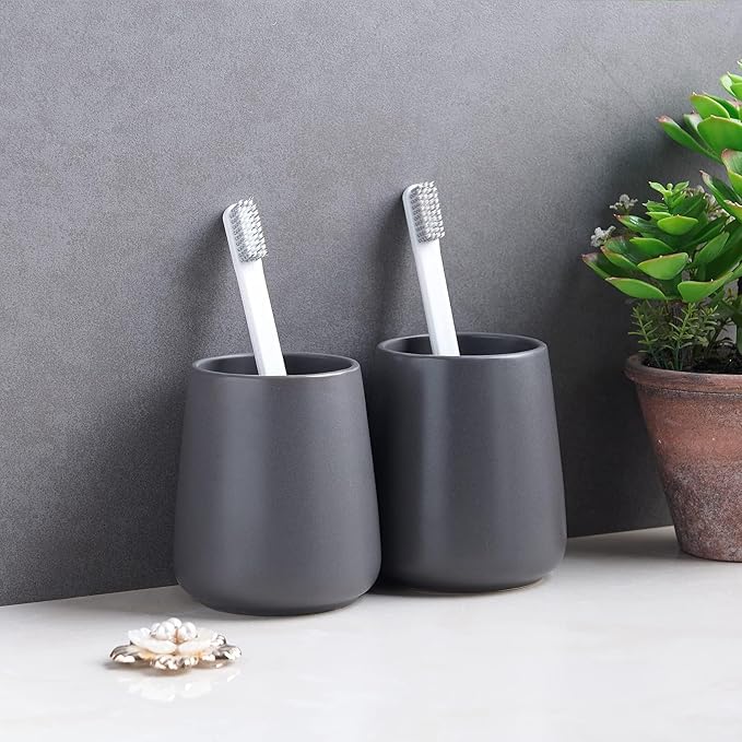 Grey Toothbrush Holder for Bathroom - Ceramic Tooth Brushing Holders, Toothpaste Holder, Reusable Toothbrush Mouthwash Cup, Space-Saving Design for Bathroom Countertop-HomvellaHome