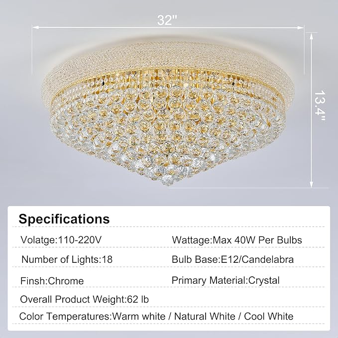 18-Light 32 inch Large Crystal Chandelier Flush Mount Ceiling Light Fixture for Living Room Dining Room Bedroom Foyer Entryway Gold Finish-HomvellaHome