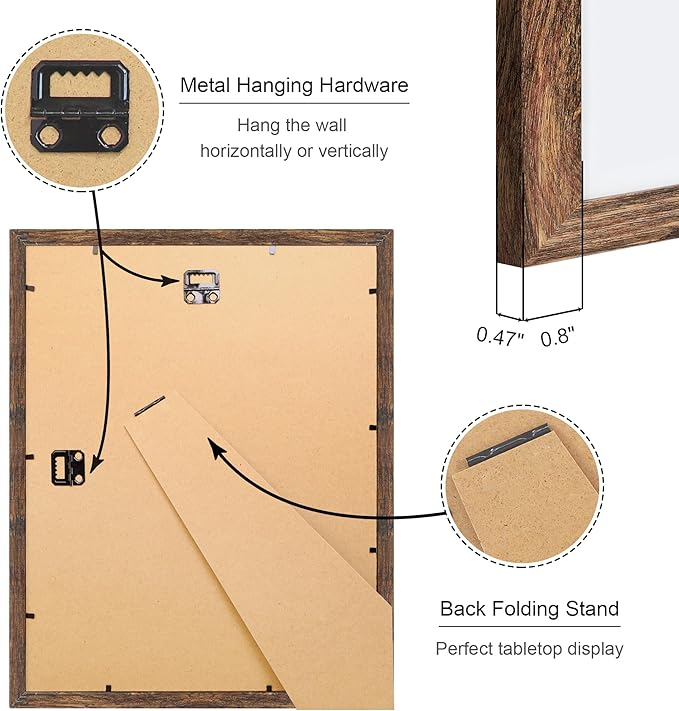 11x14 Picture Frame Set of 4, 11 x 14 Wood Photo Frames with Mat for 8x10, Natural Wooden Frame with Real Glass Cover for Wall and Tabletop Display,Rustic Brown-HomvellaHome