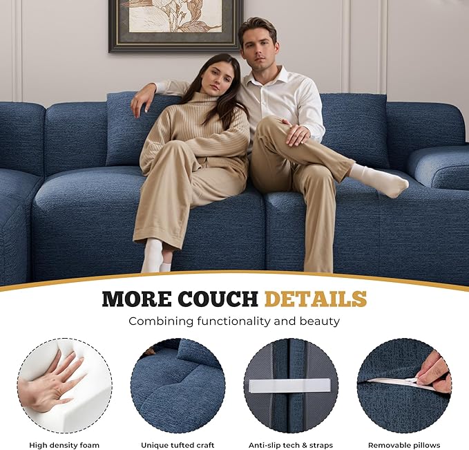 122" Modern L Shaped Modular Sectional Sofa, Boneless Couches for Living Room with Ottoman,4 Seater Convertible Chenille Cloud Couch Sofa Set, No Assembly Required, Blue 1 PCS-HomvellaHome