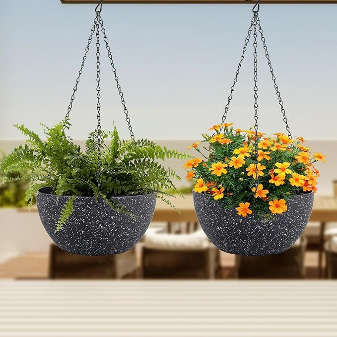 10 inch Hanging Planters for Indoor Outdoor Plants, 2 Pack Hanging Flower Plant Pots with Drainage Holes and Chain for Garden Porch, Plastic Hanging Baskets for House Plants, Speckled Black-HomvellaHome