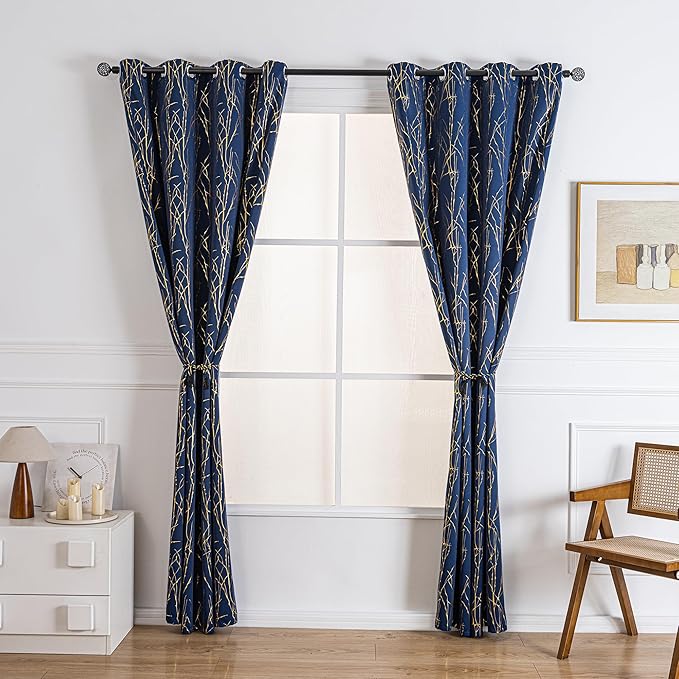 Grommets Blackout Long Window Curtains Navy Blue Gold-52W*84L 2PCS Drapes for Bedroom-HomvellaHome