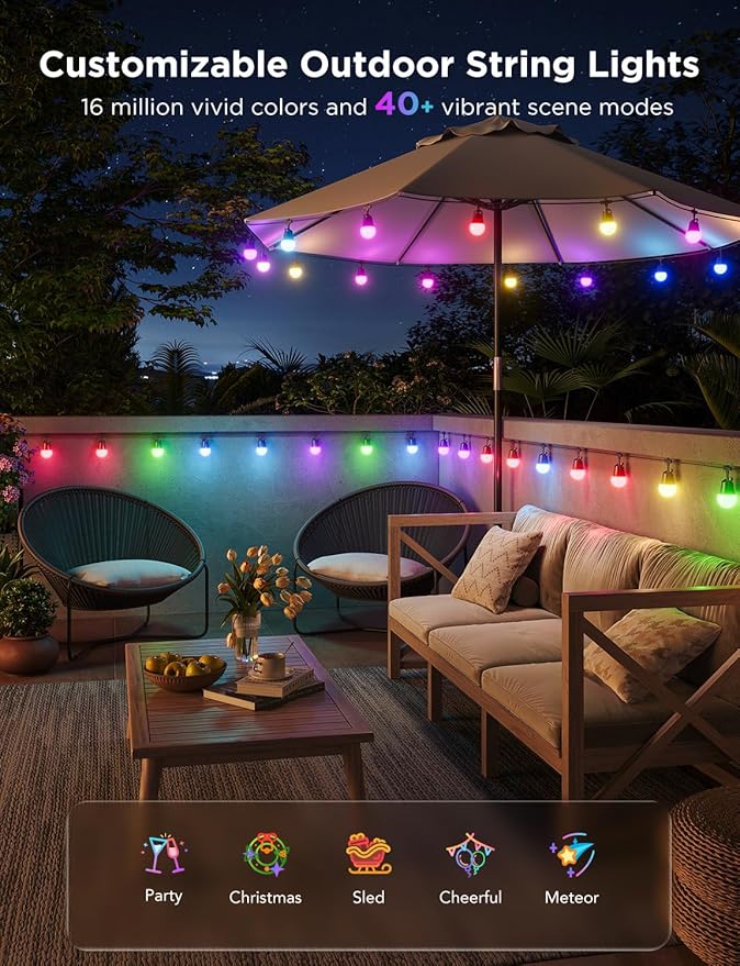 Govee Smart Outdoor String Lights 2, 144ft Outdoor Lights with Dimmable Warm White LED Bulbs, 47 Scene Modes for Patio, Backyard, Balcony, IP65 Waterproof, Works with Alexa, App Control-HomvellaHome