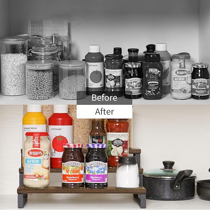 Giikin 3-Tier Spice Rack, 13.8 Inch Wood Step Shelf Countertop Spice Storage Holder, Kitchen Pantry Cabinet Organizer Cupboard for Spice Bottles, Jars, Seasonings, Baking Supplies, Metal Frame-HomvellaHome