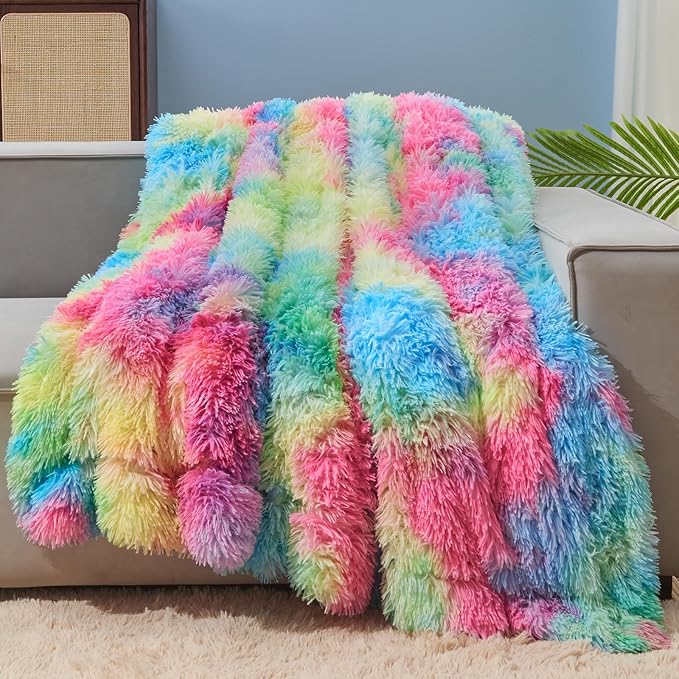 GONAAP Fuzzy Faux Fur Throw Blanket Twin Size Dark Rainbow Super Soft Cozy Plush Fuzzy Shaggy Blanket for Couch Sofa Bed (Dark Rainbow, Twin(60"x80"))-HomvellaHome