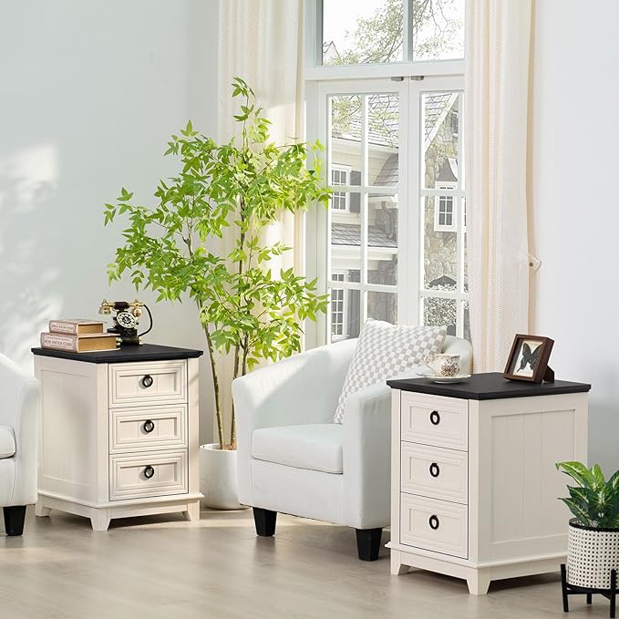 18" Farmhouse Night Stand with 3 Drawers, Wood End Table Dresser for Bedroom, White Nightstand, Bed Side Table with Metal Handle, Bedside Cabinet for Bedroom Living Room, Closet-HomvellaHome