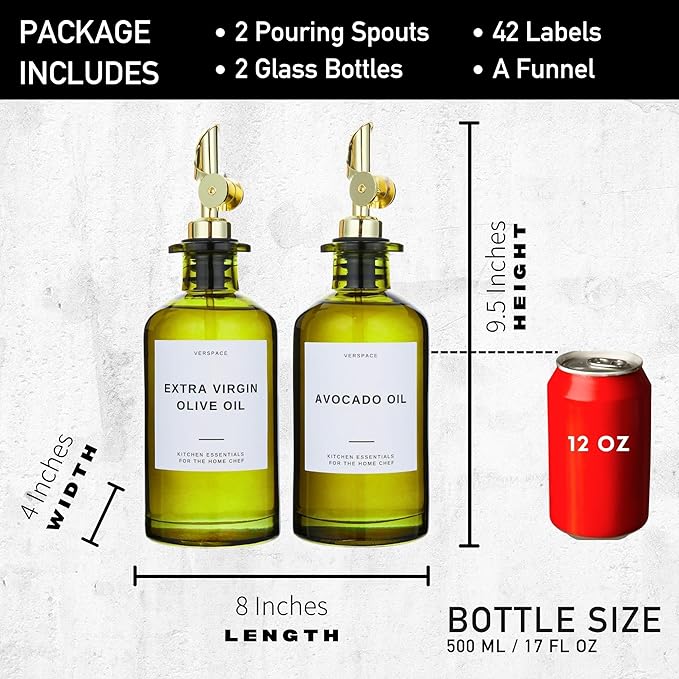 Green Glass Olive Oil Dispenser Bottle For Kitchen By Verpsace,Avocado Oil Dispenser Set, Modern Decor, Gold Kitchen Accessories for Home, Airbnb, Cafe (Gold, Set of 2)-HomvellaHome