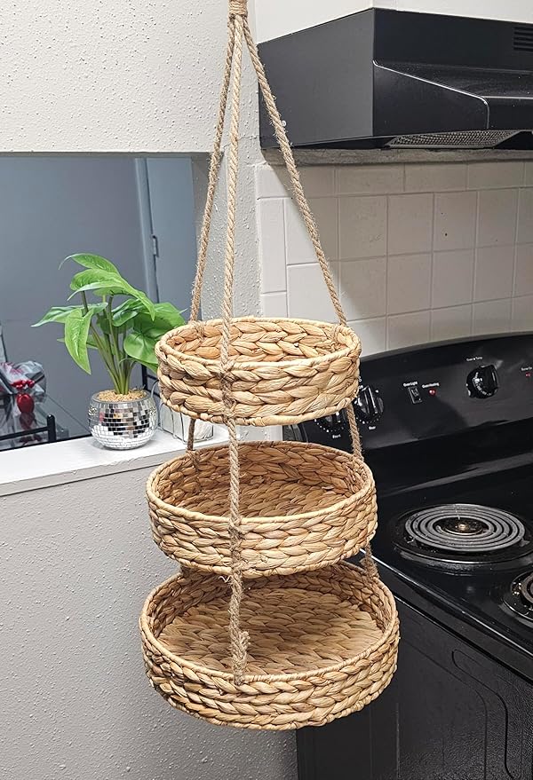 Generic HANFRUBASK - Hanging Fruit Basket Set of 3, Woven Water Hyacinth, Round, Beige, Rustic, Kitchen Storage & Organization-HomvellaHome