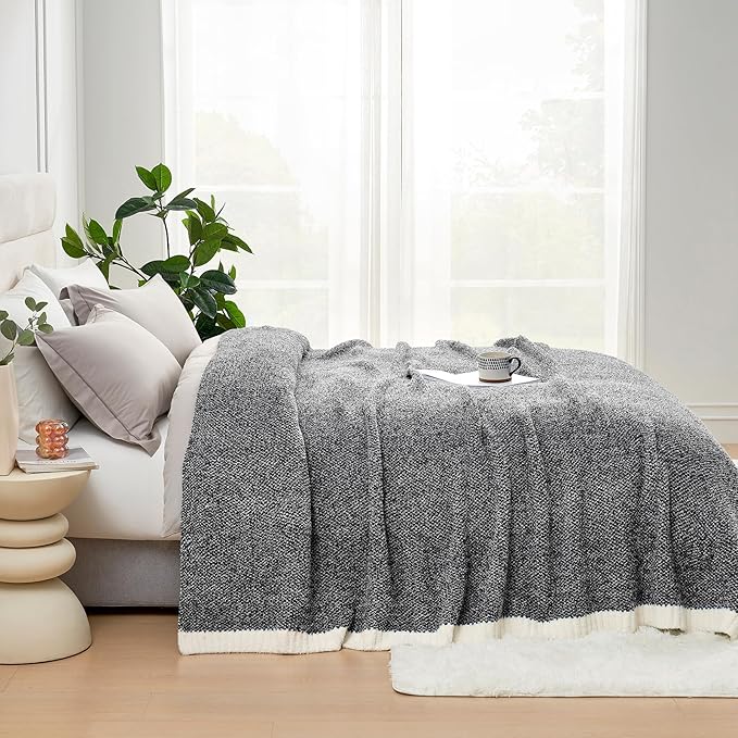 Snuggle Sac Queen Size Bedding Blanket Black, Super Soft Warm Cozy Bed Blankets Oversized Fuzzy Plush Blankets for Bed, Bedroom, Heather Black, 90x90 inches-HomvellaHome