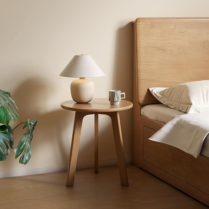 100% Solid Oak Round Side Table Set of 2, Small Bedside Table for Small Spaces, Living Room End Table with Stable Frame, Modern Nightstand for Bedroom Couch(Natural, 17.71" D x 19.68" H)-HomvellaHome