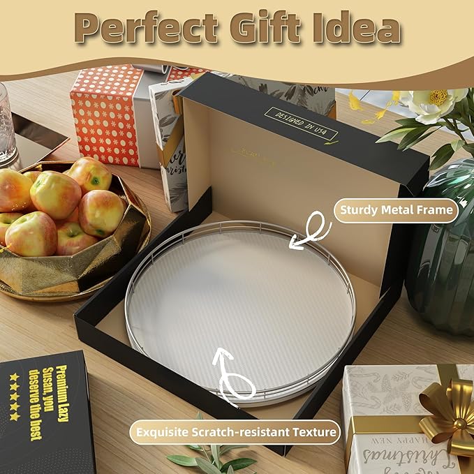 13" Lazy Susan Turntable Organizer for Table Top, Round Wooden Lazy Susan for Cabinet Kitchen Decor Centerpieces Coffee Table, Storage Condiments Spices, Bathroom Vanity Tray for Soap, White-HomvellaHome