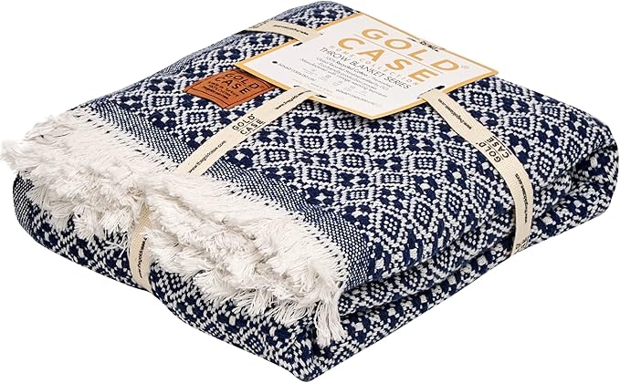 Gold Case Throw Blanket for Couch - 100% Recycled Turkish Cotton Blankets & Throws - Retro Soft Throw Blankets for Living Room Sofa - Boho Decorative Woven Throws for Couch - 60x80 - Navy Blue-HomvellaHome