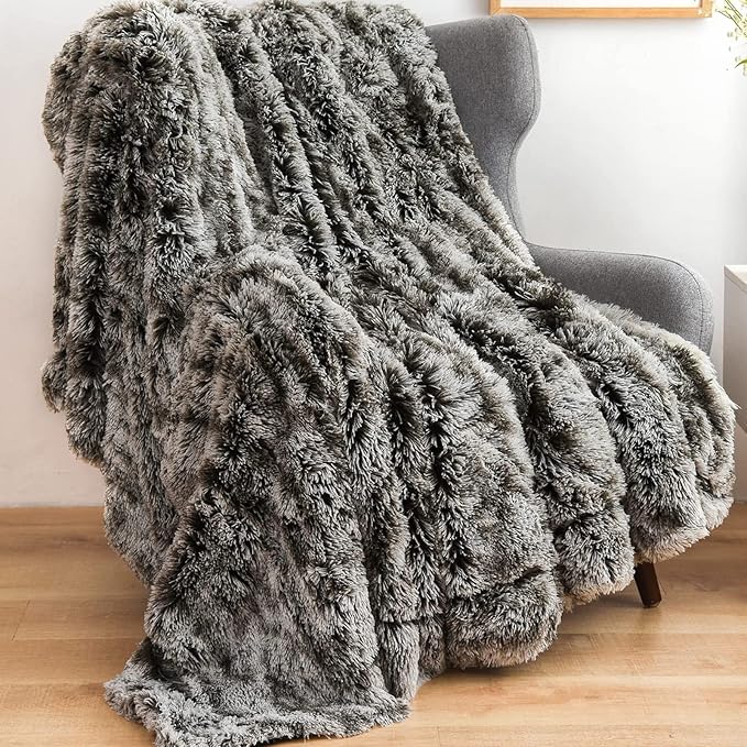 GONAAP Fuzzy Faux Fur Throw Blanket Twin Size Frosty Black Super Soft Cozy Plush Fuzzy Shaggy Blanket for Couch Sofa Bed (Frosty Black, Twin(60"x80"))-HomvellaHome