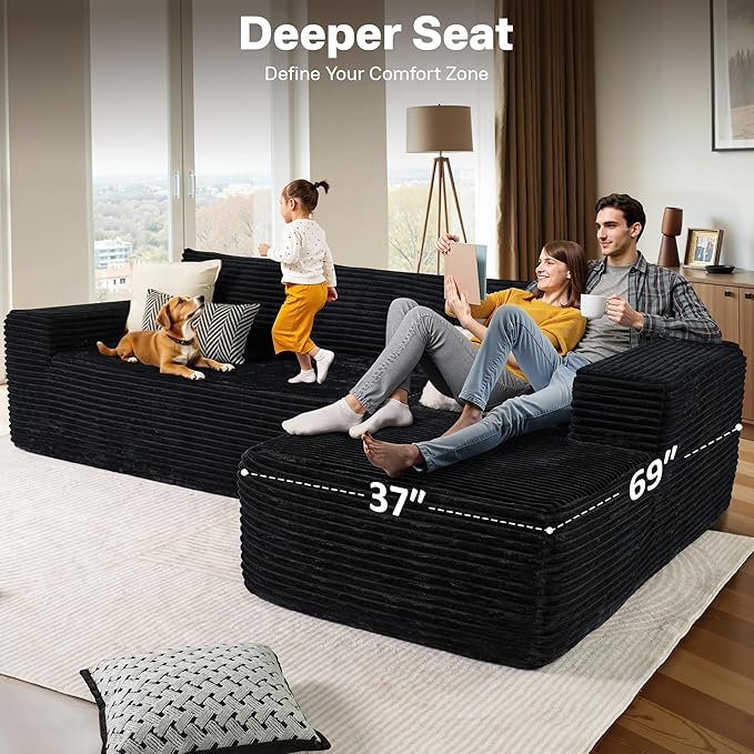 104" Cloudy Sectional L Shaped Couch for Living Room, No Assembly Required, Modular Comfy Sofa with Deep Seat, Fluffy Couch with Sleeper Chaise for Apartment Lounge (Black)-HomvellaHome