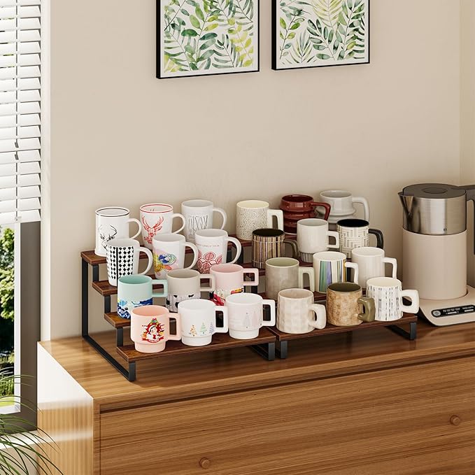 Giikin 4 Tier Spice Rack, Set of 2 Wooden Spice Rack for Countertop, Kitchen Counter Storage Shelves Cupcake Stand Holder Display Stand, Rustic Brown-HomvellaHome