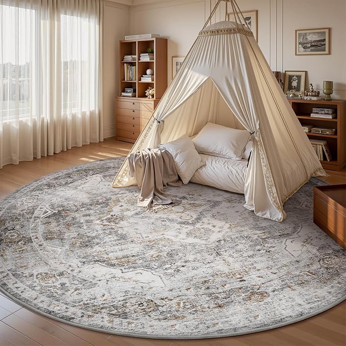 AMOAMI-6FT Round Rug-Rugs for Living Room-Vintage Soft Grey Rugs for Bedroom-Non Slip Circle Rug-Machine Washable Rug for Dining Room Living Room Bedroom Office Under Table-HomvellaHome