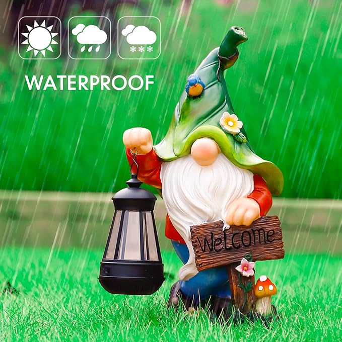 Garden Gnome Statue, Resin Figurine with Bright Solar Lantern Lights and Welcome Sign, Outdoor Solar-Powered Illumination Yard Art Decorations for Indoor Outdoor Patio Lawn Garden Room-HomvellaHome