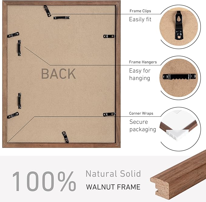 11x14 Picture Frame Natural Solid Walnut Photo Frames with 8x10 Removable Mat Wall Hanging Large Handcrafted Frame with HD Plexiglass Wall and Tabletop Display Large Poster Frame-HomvellaHome