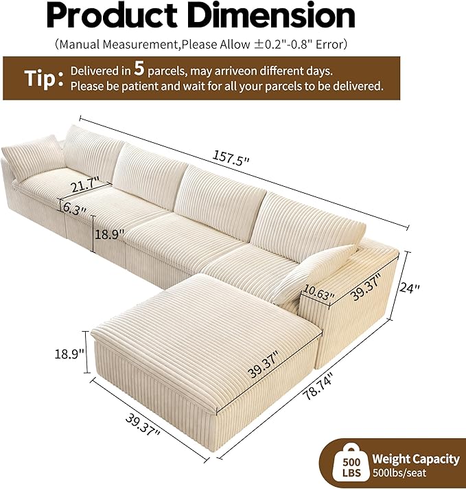 157.5" L Shaped Modern Sofa Modular Sectional Cloud Couch with Ottoman,Deep Seat Upholstered Couches with Corduroy Fabric for Living Room Furniture,Bedroom and Apartment,No Assembly Required,White-HomvellaHome