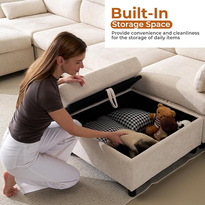 132'' Oversized Modular Sectional Sofa, U Shaped Comfy Sectional Couch with Large Storage, 6 Seat Chenille Deep Seat Cloud Sofa with 2 Throw Pillows for Living Room,Beige-HomvellaHome