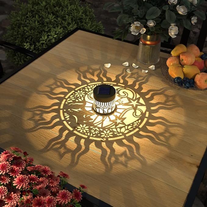 2 Pack Solar Fence Lights Metal Solar Powered Outdoor Wall Deck Lights Sun Moon Theme Waterproof Fence Light for Garden Post Patio Backyard Yard Decor (Face, 2 Pack)-HomvellaHome