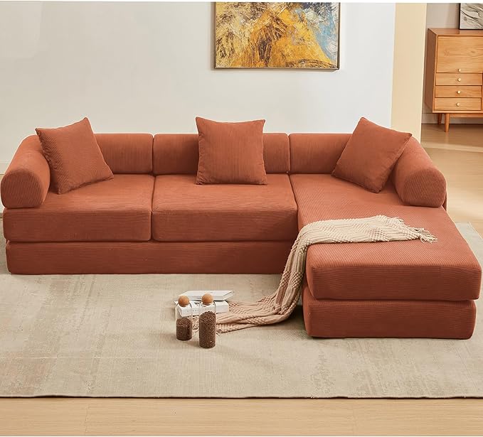 107" Oversized Convertible Sleeper Sofa Bed, Corduroy L Shape Sectional Couch, Folding Sofa Bed with Side Pocket, Modern Cloud Floor Mattress Couch, Modular Sofa for Living Room, Orange-HomvellaHome