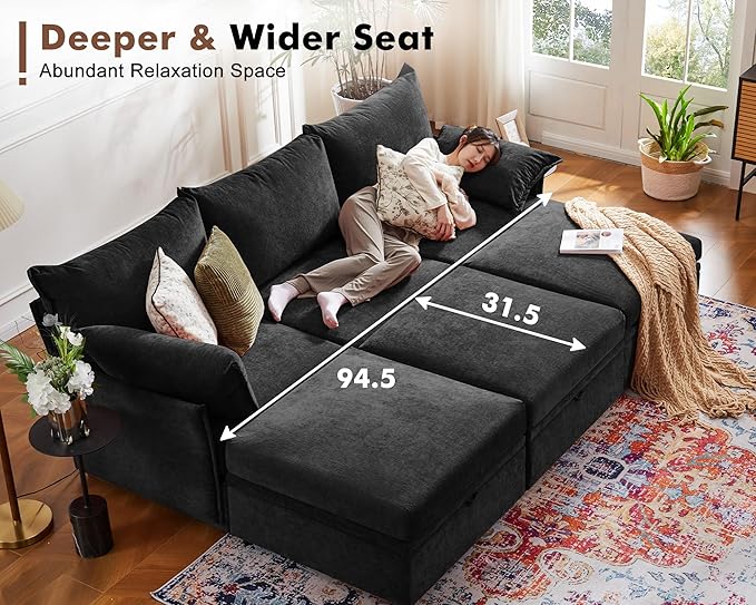 102.6" Luxury Modular Sleeper Sofa Bed 6 Seat Reversible Sectional Couch Deep Seat with Storage Chaises Removable Cover for Living Room, Apartment - Chenille Black-HomvellaHome