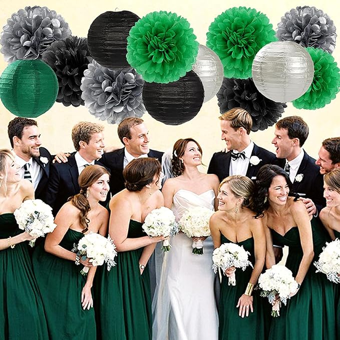 Green-Black Silver Party-Decorations Paper Flowers Lanterns - 15PCS Football Game Day Birthday Tissue Pom Poms Streamers, Bachelorette New Years Hanging Supplies Decor Hugfond-HomvellaHome