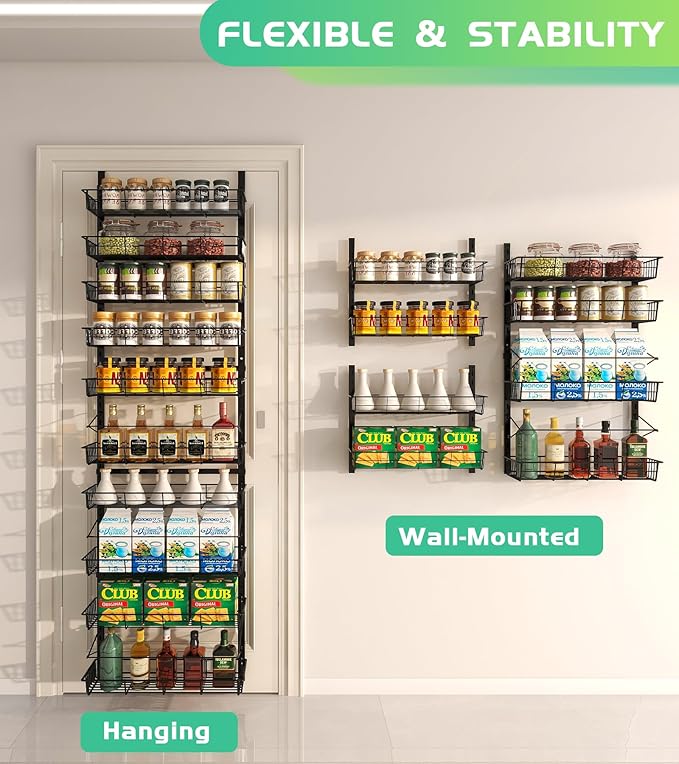 10-Tier Over The Door Pantry Organizer, Pantry Organization and Storage, Black Metal Hanging Adjustable Basket, Wall Spice Rack Seasoning Shelves, Home & Kitchen Essentials-HomvellaHome