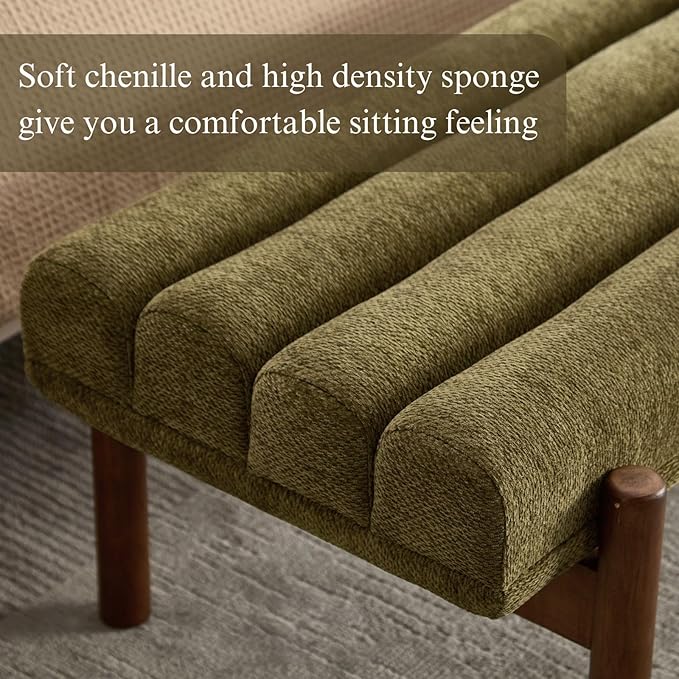 Green Upholstered Bench Modern End of Bed Bench Chenille Fabric Bedroom Bench for Entryway Living Room Vanity Makeup Room, 47" Long, Wooden Legs-HomvellaHome