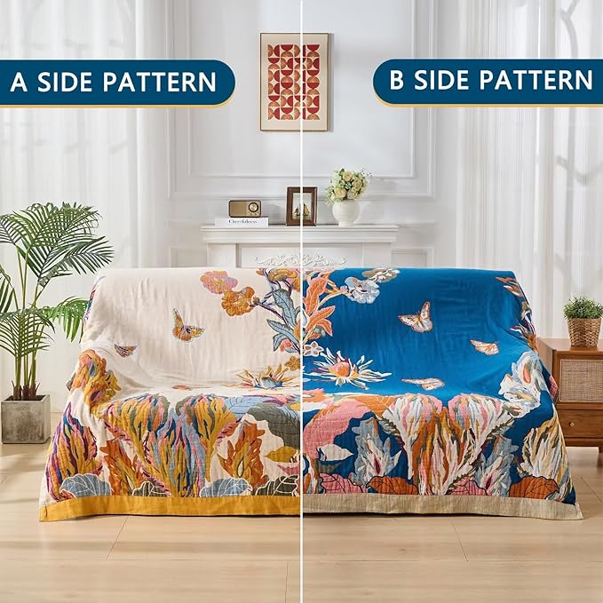 100% Cotton Boho Throw Blanket, King Size Living Room Reversible Fall Throw Blanket, Boho Floral Bird Colorful Retro Quilt Ultra Soft Reversible Gauze Blanket for All Season, 90"x98"-HomvellaHome