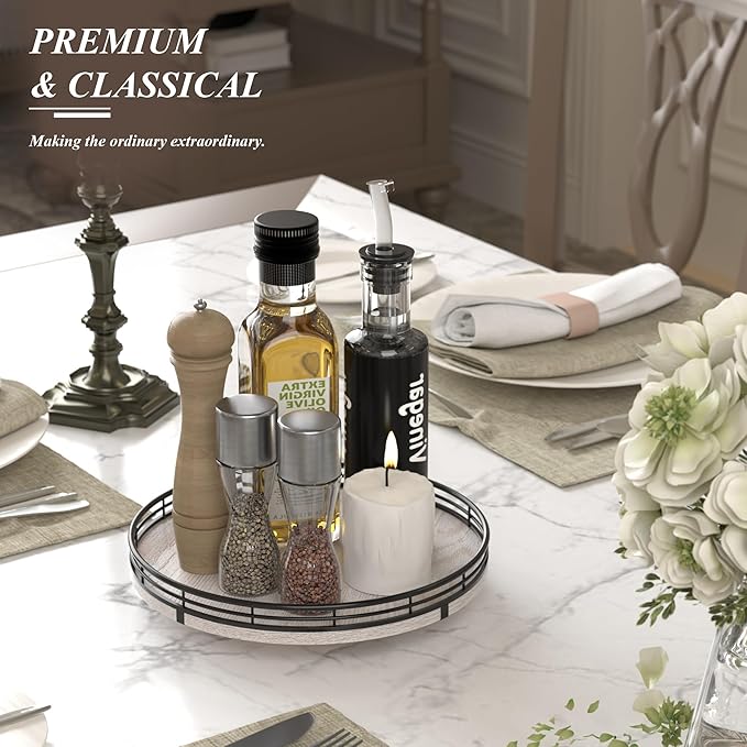 10" Oak Bathroom Vanity Tray Turntable for Perfume Candle, Round Wooden Decorative Tray for Kitchen Sink Countertop Organizer, Bathroom Counter Organizer for Skincare Makeup, Rustic White-HomvellaHome