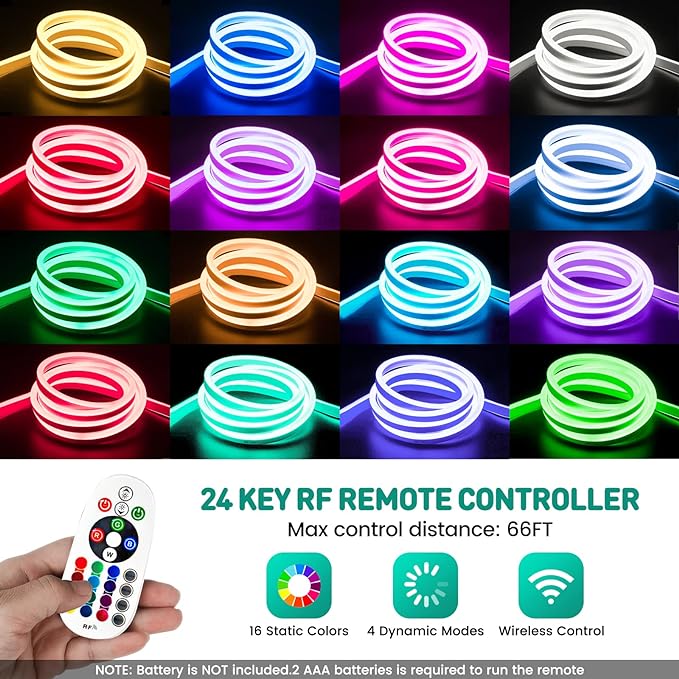 GZBtech RGB LED Neon Rope Lights 33FT/10M, AC 110-120V Waterproof Color Changing LED Rope with Remote Controller, Dimmable Multi Color Neon Rope Lighting for Indoor Outdoor Commercial Use-HomvellaHome