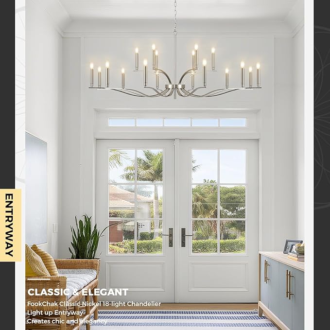 18 Light Nickel Living Room Chandelier High Ceiling Foyer Candle Chandelier Large Modern 59in Metal Chandeliers Hanging Light for Master Bedroom Dining Room Light Fixture Over Table-HomvellaHome
