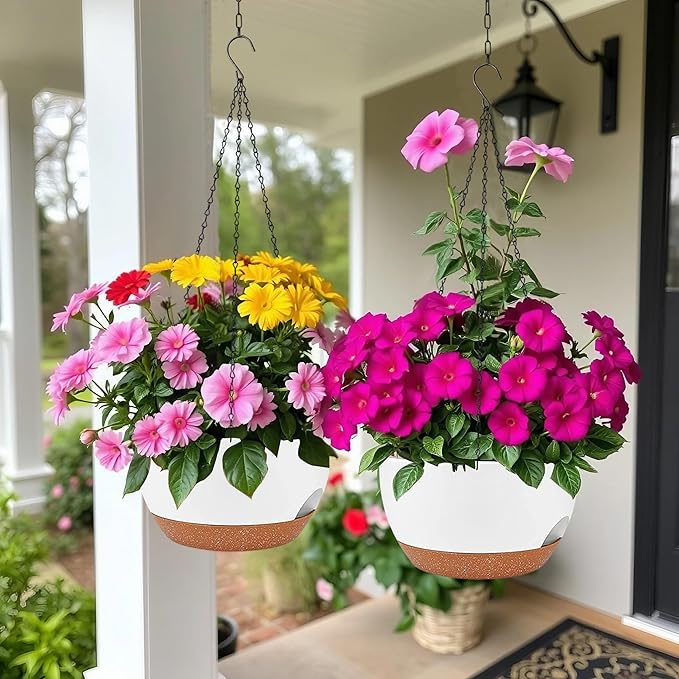 2 Pack Hanging Planters for Indoor Outdoor Plants, 12 Inch Self Watering Hanging Pot with Drainage Holes and Saucer, Plastic Plant Pots, White Brown Flower Pots for Kitchen, Balcony, Garden-HomvellaHome