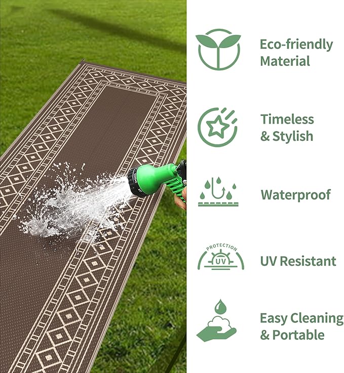 GENIMO Outdoor Rug Waterproof for Patio Decor, 2.5'x8' Foldable Reversible Plastic Straw Runner Rugs Carpet for Porch, Outside Area Mat for Rv, Deck, Picnic, Camper, Balcony, Coffee & Beige-HomvellaHome