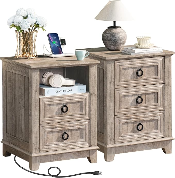 18" Farmhouse Night Stands Set of 2 with Charging Station, 2 & 3 Drawers End Table Dresser for Bedroom, Oak Wooden Nightstand, Bed Side Table with Open Shelf, Bedside Cabinet for Living Room-HomvellaHome