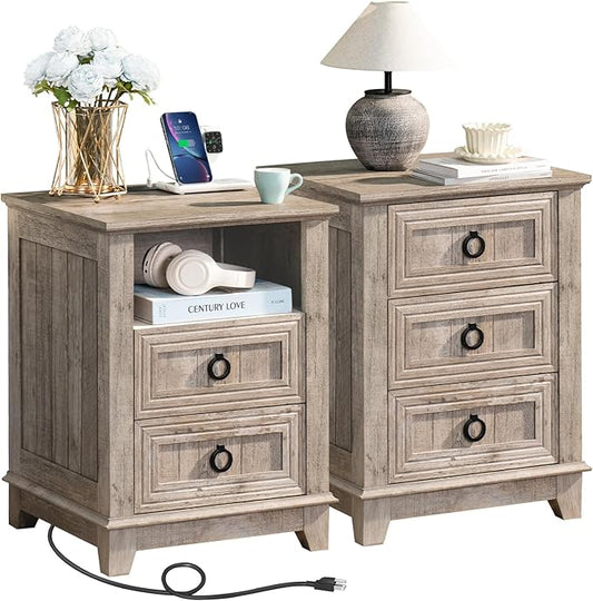 18" Farmhouse Night Stands Set of 2 with Charging Station, 2 & 3 Drawers End Table Dresser for Bedroom, Oak Wooden Nightstand, Bed Side Table with Open Shelf, Bedside Cabinet for Living Room-HomvellaHome