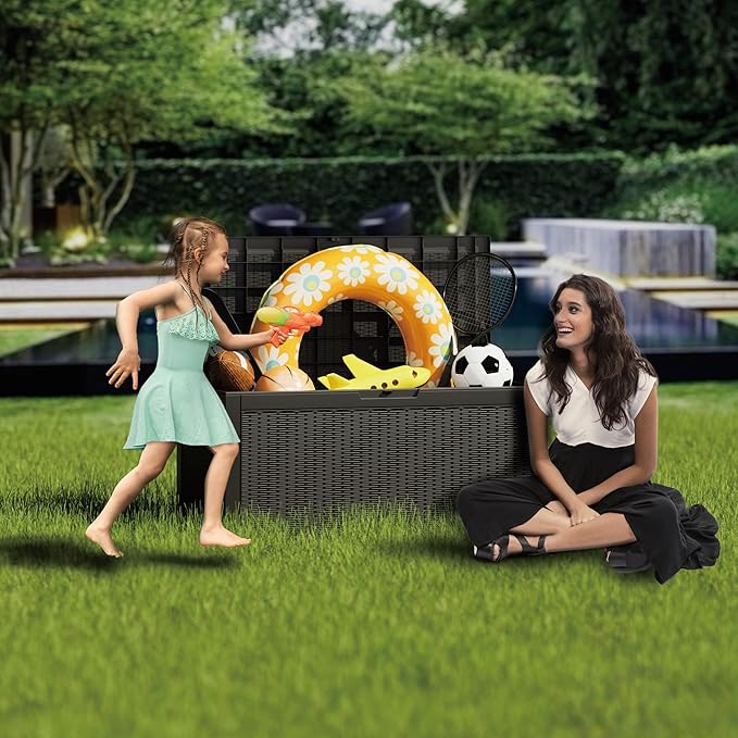 100 Gallon Double-Wall Resin Deck Box - Lockable Waterproof Outdoor Storage Box, 1000lbs Capacity & Doubles as Seating for Patio Furniture - Garden Tools, Pool Accessories (Black)-HomvellaHome